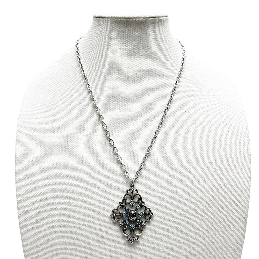 Avon Silver and Blue Pendant Necklace with Intricate Design